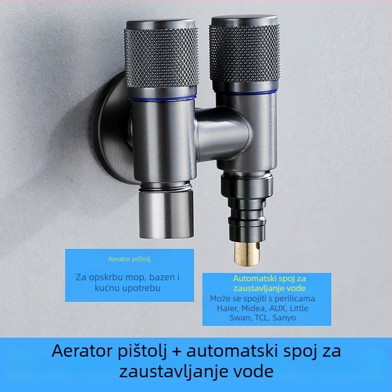 Kran za perilicu s jednim ulazom i dva izlaza, ugradbeni u zid, nehrđajući čelik, model T-tip, radni tlak <0,7 MPa, unutarnji promjer univerzalni 4 točke, tuš za WC, dvostruki vodeni razvodnik