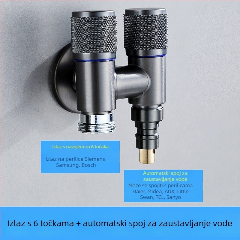 Kran za perilicu s jednim ulazom i dva izlaza, ugradbeni u zid, nehrđajući čelik, model T-tip, radni tlak <0,7 MPa, unutarnji promjer univerzalni 4 točke, tuš za WC, dvostruki vodeni razvodnik