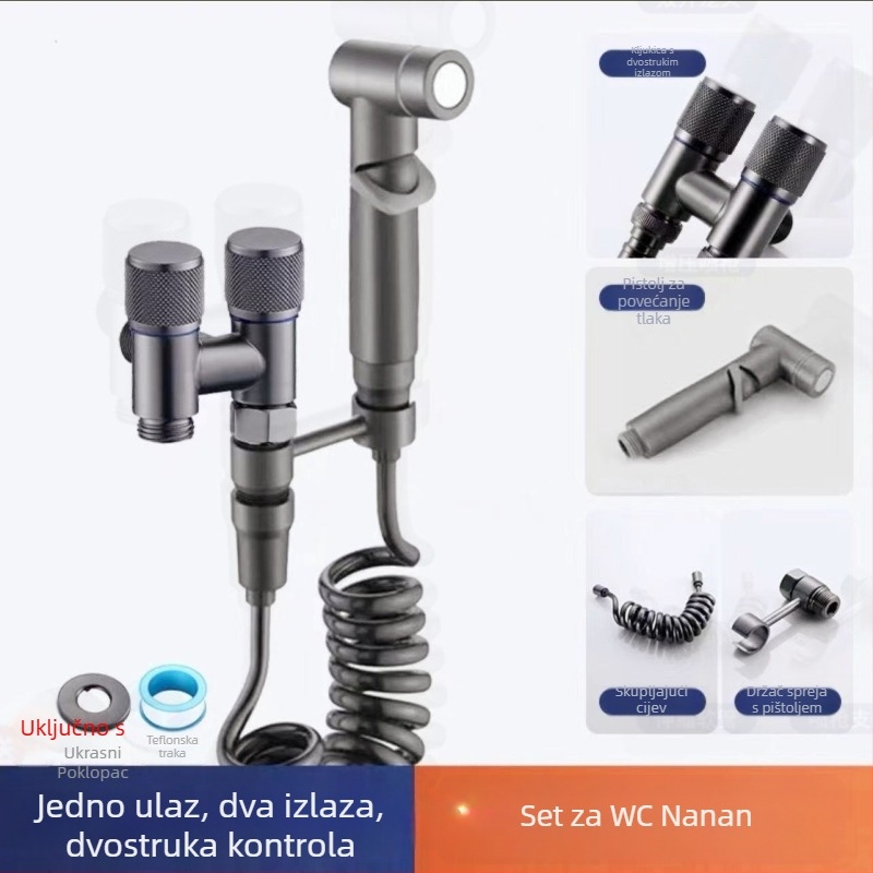 Kran za perilicu s jednim ulazom i dva izlaza, ugradbeni u zid, nehrđajući čelik, model T-tip, radni tlak <0,7 MPa, unutarnji promjer univerzalni 4 točke, tuš za WC, dvostruki vodeni razvodnik