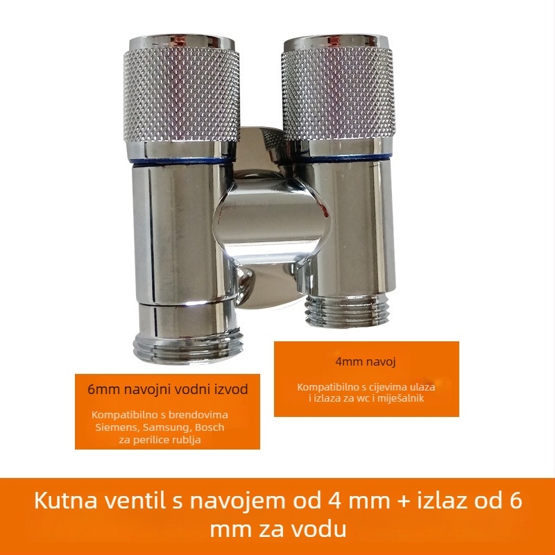 Kran za perilicu s jednim ulazom i dva izlaza, ugradbeni u zid, nehrđajući čelik, model T-tip, radni tlak <0,7 MPa, unutarnji promjer univerzalni 4 točke, tuš za WC, dvostruki vodeni razvodnik