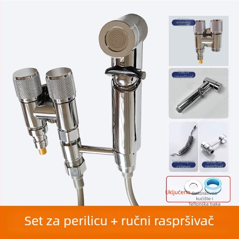 Kran za perilicu s jednim ulazom i dva izlaza, ugradbeni u zid, nehrđajući čelik, model T-tip, radni tlak <0,7 MPa, unutarnji promjer univerzalni 4 točke, tuš za WC, dvostruki vodeni razvodnik