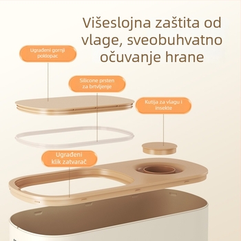 Spremnik za skladištenje riže, otporan na vlagu i štetnike, brtveni sustav s rotirajućim poklopcem, kapacitet 9-10 L, materijali silikon i ABS, moderan minimalistički dizajn