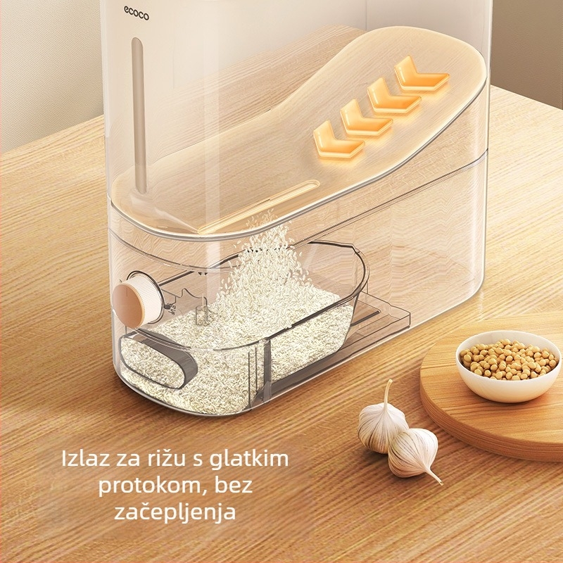 Spremnik za skladištenje riže, otporan na vlagu i štetnike, brtveni sustav s rotirajućim poklopcem, kapacitet 9-10 L, materijali silikon i ABS, moderan minimalistički dizajn