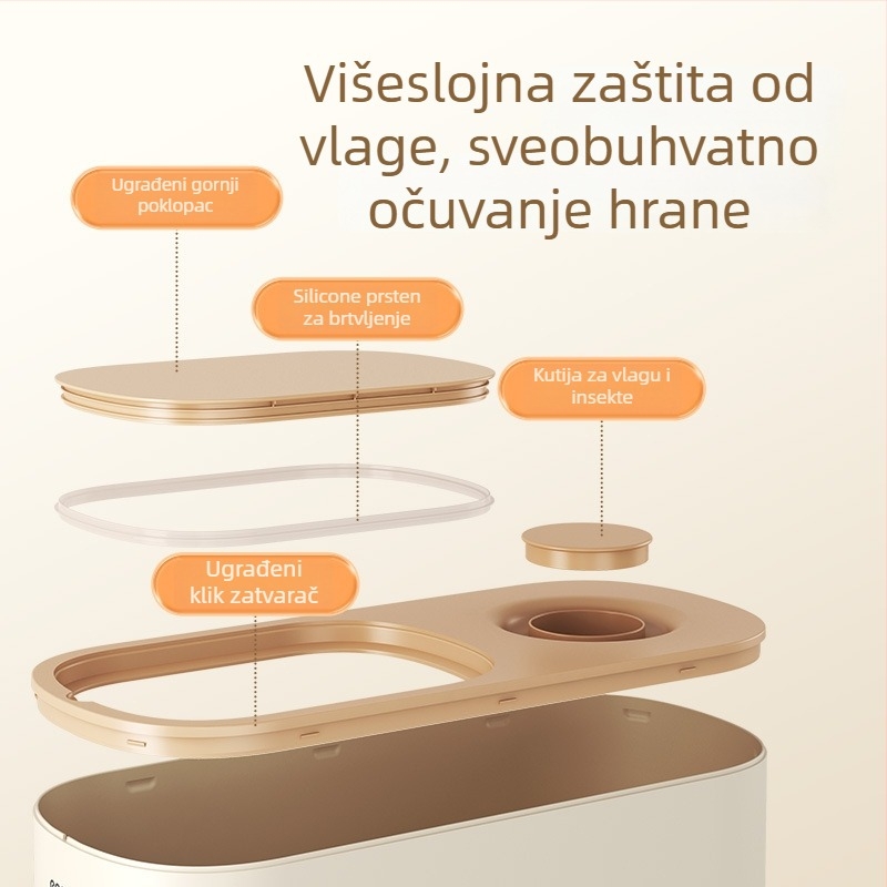 Spremnik za skladištenje riže, otporan na vlagu i štetnike, brtveni sustav s rotirajućim poklopcem, kapacitet 9-10 L, materijali silikon i ABS, moderan minimalistički dizajn