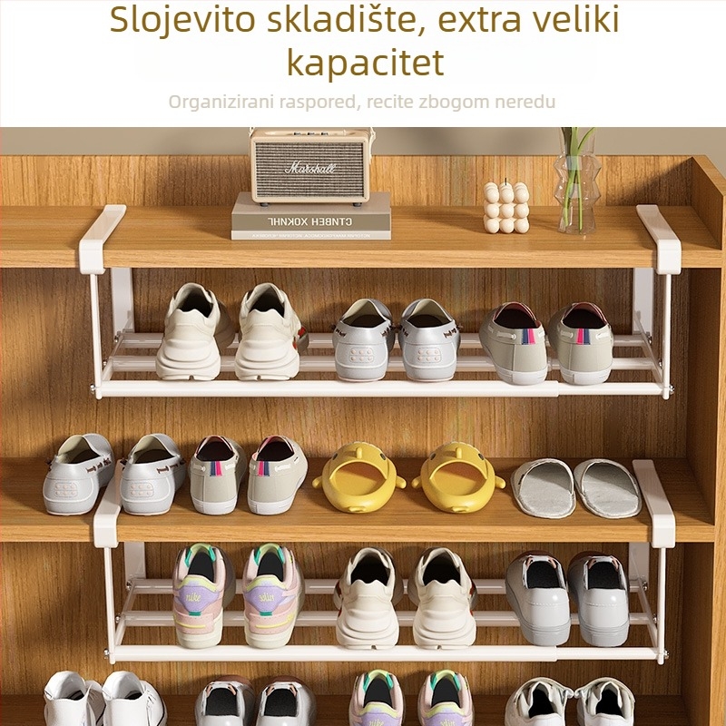 Proširivi ormarić za cipele s jednim slojem, okvir od karbonskog čelika, montaža kukicom bez bušenja, jednostavan i moderan stil, pogodan za kuhinju, spavaću sobu i kupaonicu.