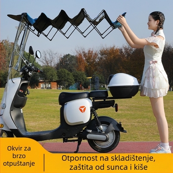 Sunčani štitnik za elektromotorno vozilo s 7‑ribnim fibernim okvirom, poliester 170T, teleskopsko ručno otvaranje i zatvaranje, UV zaštita UPF 40+, vodootporan