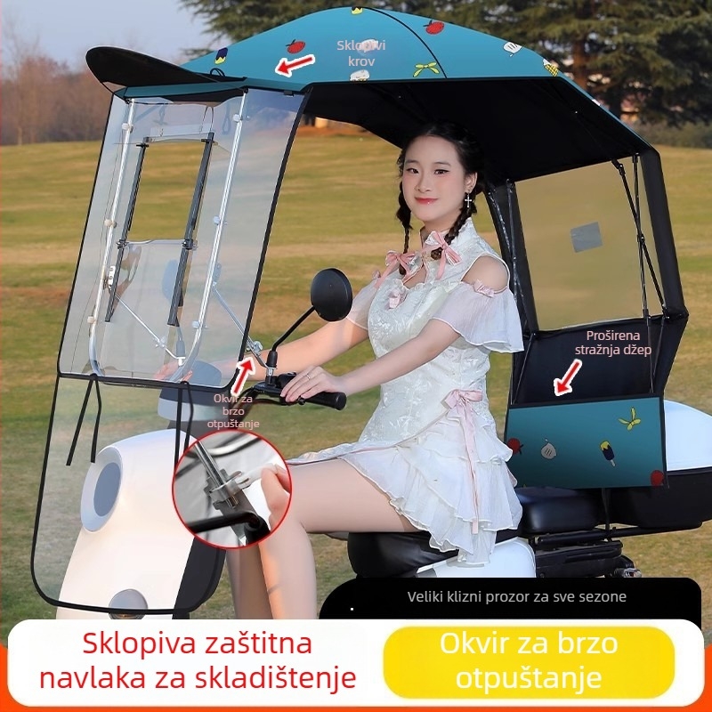 Sunčani štitnik za elektromotorno vozilo s 7‑ribnim fibernim okvirom, poliester 170T, teleskopsko ručno otvaranje i zatvaranje, UV zaštita UPF 40+, vodootporan