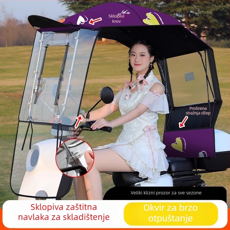 Sunčani štitnik za elektromotorno vozilo s 7‑ribnim fibernim okvirom, poliester 170T, teleskopsko ručno otvaranje i zatvaranje, UV zaštita UPF 40+, vodootporan