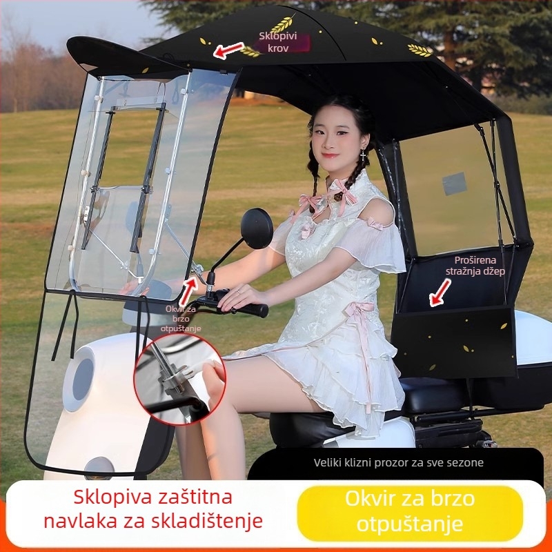 Sunčani štitnik za elektromotorno vozilo s 7‑ribnim fibernim okvirom, poliester 170T, teleskopsko ručno otvaranje i zatvaranje, UV zaštita UPF 40+, vodootporan