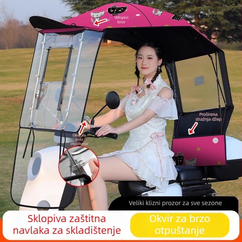 Sunčani štitnik za elektromotorno vozilo s 7‑ribnim fibernim okvirom, poliester 170T, teleskopsko ručno otvaranje i zatvaranje, UV zaštita UPF 40+, vodootporan