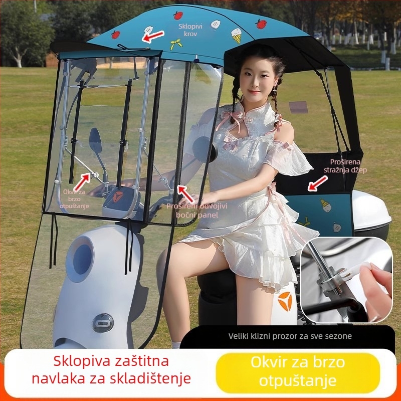 Sunčani štitnik za elektromotorno vozilo s 7‑ribnim fibernim okvirom, poliester 170T, teleskopsko ručno otvaranje i zatvaranje, UV zaštita UPF 40+, vodootporan