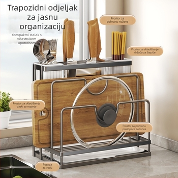 Kuhinjski stalak s višestrukim držačem za posuđe, daska za rezanje i spremnik za poklopce — minimalistički trapezni dizajn, za zid, 889 g, karbonska čelika