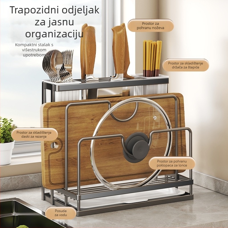 Kuhinjski stalak s višestrukim držačem za posuđe, daska za rezanje i spremnik za poklopce — minimalistički trapezni dizajn, za zid, 889 g, karbonska čelika