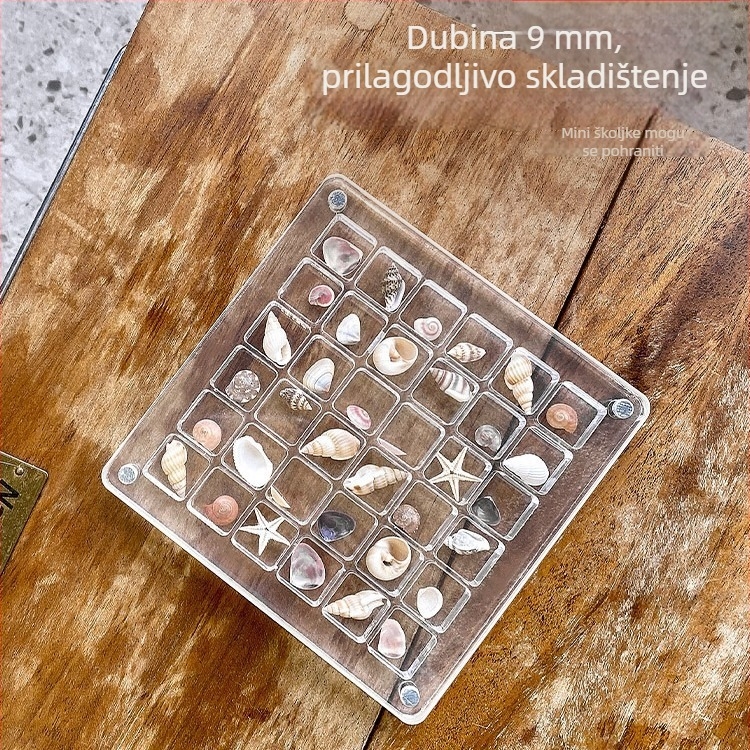 Kvadratna akrilna kutija za pohranu s pregradnim odjeljcima, podijeljeni unutarnji prostor, kapacitet 1 L, mrežasti uzorak