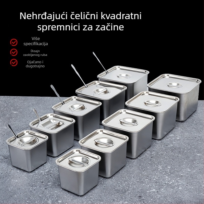 Nehrđajući čelik kutija za začine, namijenjena čvrstim začinima, višenamjenska kvadratna kutija za skladištenje, s tiskanim logom — Brand: Chao jizheng
