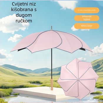 Retro kišobran s dugom drškom za kišu i sunce; materijal platna: Chunya spinning, rebra od vlakana, drška od masivnog drveta, poluautomatsko otvaranje