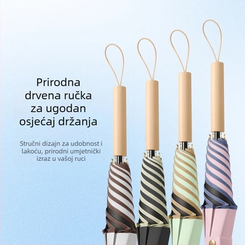 Retro kišobran s dugom drškom za kišu i sunce; materijal platna: Chunya spinning, rebra od vlakana, drška od masivnog drveta, poluautomatsko otvaranje