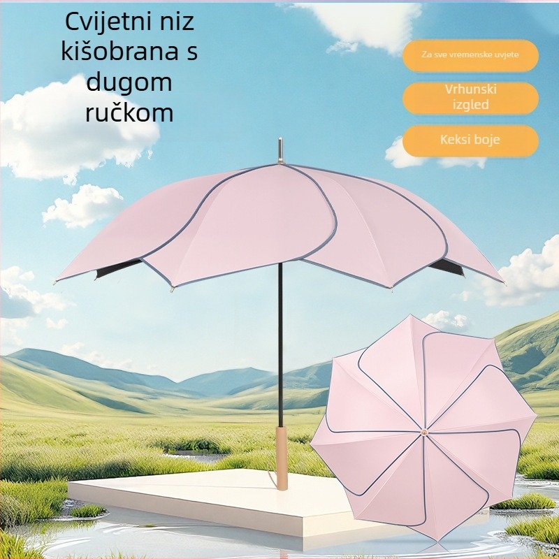 Retro kišobran s dugom drškom za kišu i sunce; materijal platna: Chunya spinning, rebra od vlakana, drška od masivnog drveta, poluautomatsko otvaranje
