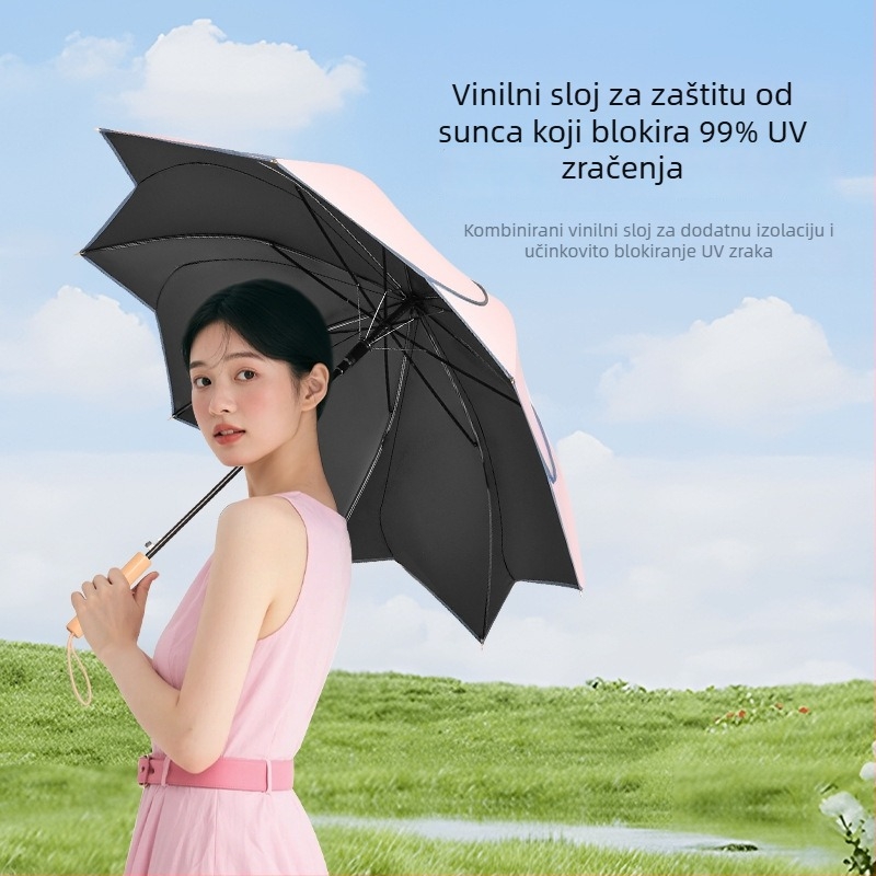 Retro kišobran s dugom drškom za kišu i sunce; materijal platna: Chunya spinning, rebra od vlakana, drška od masivnog drveta, poluautomatsko otvaranje