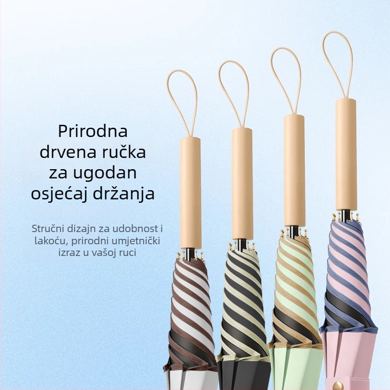 Retro kišobran s dugom drškom za kišu i sunce; materijal platna: Chunya spinning, rebra od vlakana, drška od masivnog drveta, poluautomatsko otvaranje