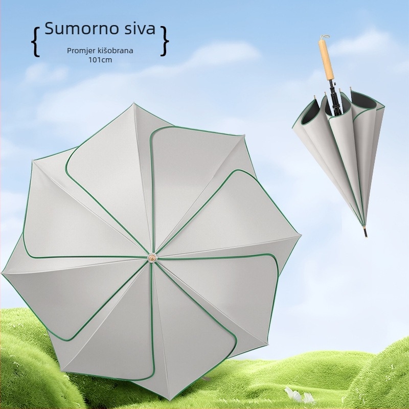 Retro kišobran s dugom drškom za kišu i sunce; materijal platna: Chunya spinning, rebra od vlakana, drška od masivnog drveta, poluautomatsko otvaranje
