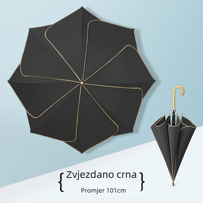Retro kišobran s dugom drškom za kišu i sunce; materijal platna: Chunya spinning, rebra od vlakana, drška od masivnog drveta, poluautomatsko otvaranje