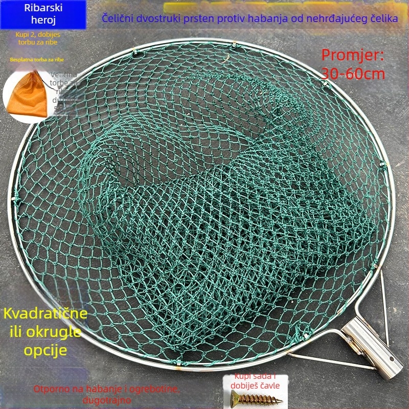 Ručni izradeni ribolovni mreža s glavom od nehrđajućeg čelika i dvostrukim prstenom, otporna na habanje, za lov ribe i pataka