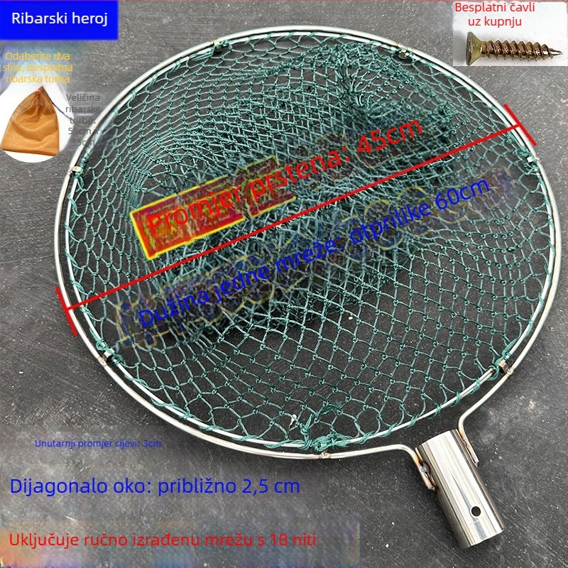 Ručni izradeni ribolovni mreža s glavom od nehrđajućeg čelika i dvostrukim prstenom, otporna na habanje, za lov ribe i pataka