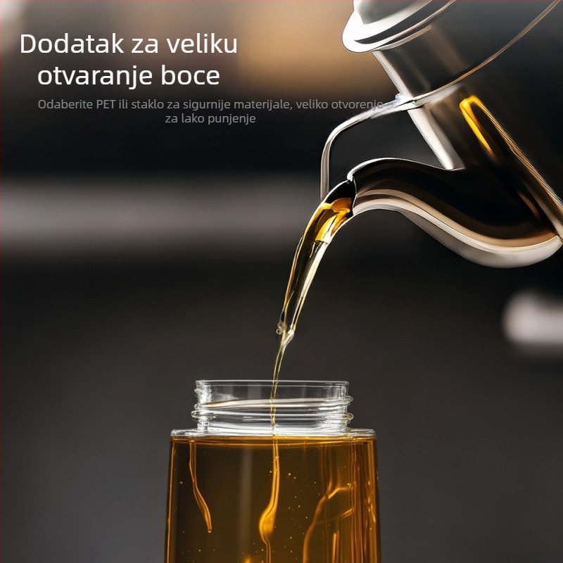 Sprej bočica za ulje za fritezu – plastična mlaznica, maglovito raspršivanje, pogodna za tekuće začine, moderni minimalistički dizajn.
