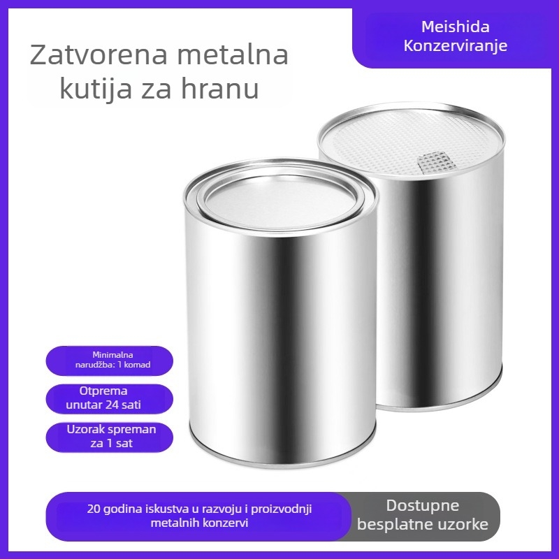 Okrugla metalna kutija za hranu s UV otiskom, kapaciteta 10000, otisnut logotip
