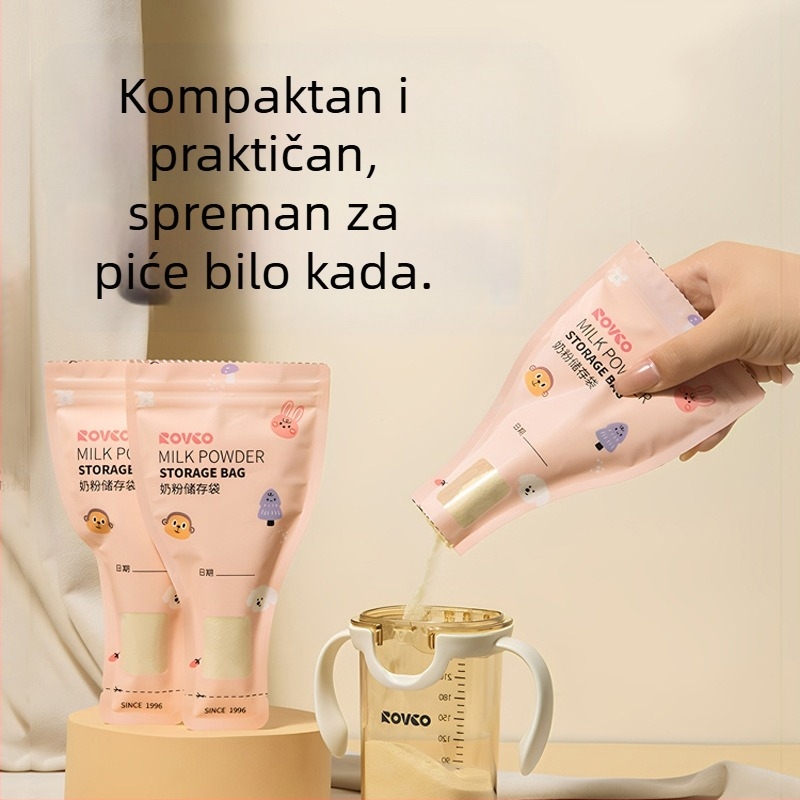 Jednokratne vrećice za skladištenje dojene mlijeka, prijenosne i zatvorene za izlazak; kapacitet 60 g, materijal PET/PE s tiskom; pakiranje 30 kom