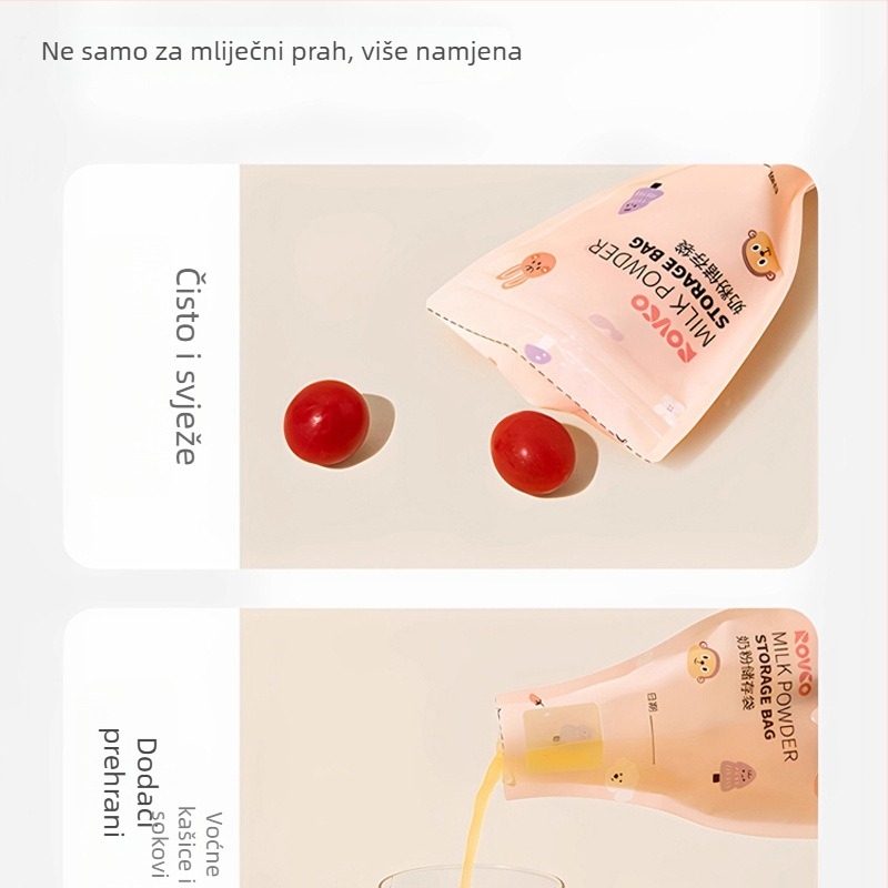 Jednokratne vrećice za skladištenje dojene mlijeka, prijenosne i zatvorene za izlazak; kapacitet 60 g, materijal PET/PE s tiskom; pakiranje 30 kom
