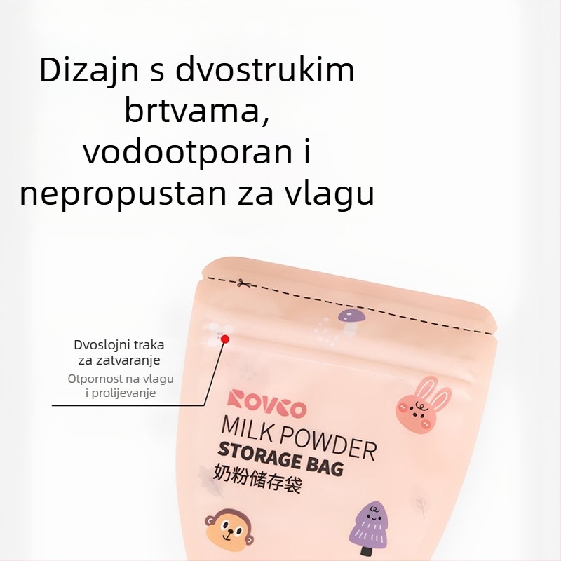 Jednokratne vrećice za skladištenje dojene mlijeka, prijenosne i zatvorene za izlazak; kapacitet 60 g, materijal PET/PE s tiskom; pakiranje 30 kom