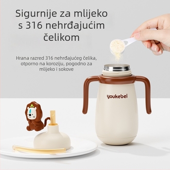Dječja termos čaša od 316 nehrđajućeg čelika, silikonsko kućište, izolacija 6-12 sati, s ručkom i slamkom, crtić dizajn