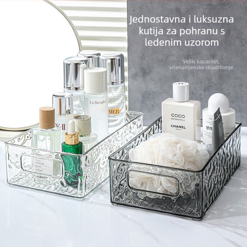 Svjetlucavo prozirna kutija za pohranu s ledenim uzorkom, pravokutna PET plastična kutija za stol, kapacitet 2 L, može se slagati, za kozmetiku i kućnu organizaciju