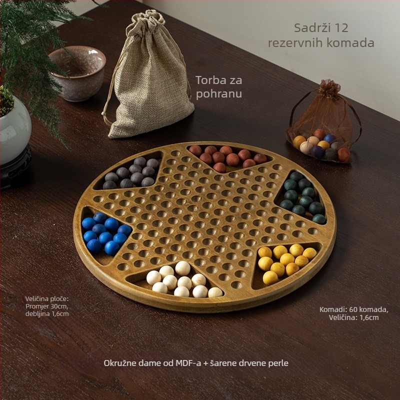 Dreveni set dama s kuglicama — edukativna igra, marka Yimu; pogodno za uzrast 4–60; pakiranje: šarena kutija