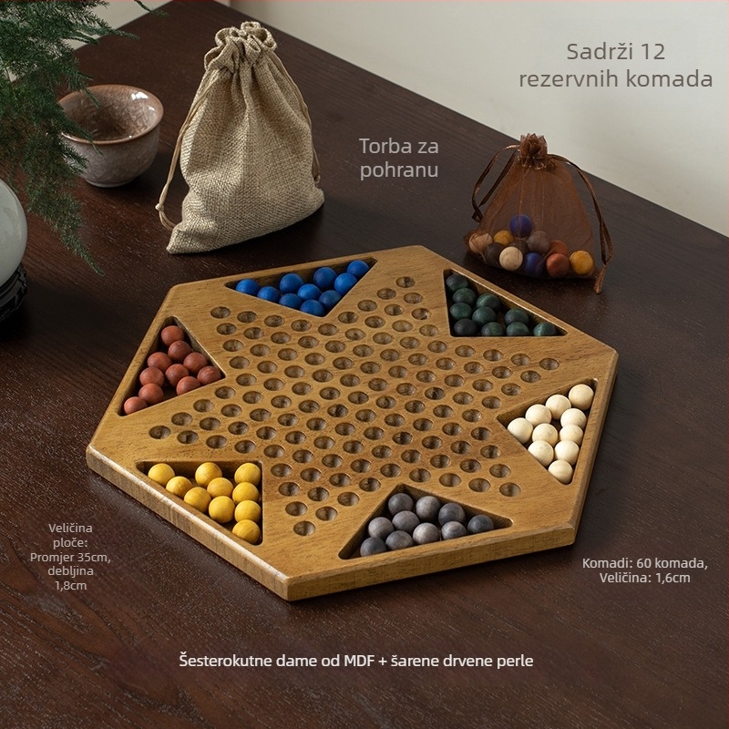 Dreveni set dama s kuglicama — edukativna igra, marka Yimu; pogodno za uzrast 4–60; pakiranje: šarena kutija
