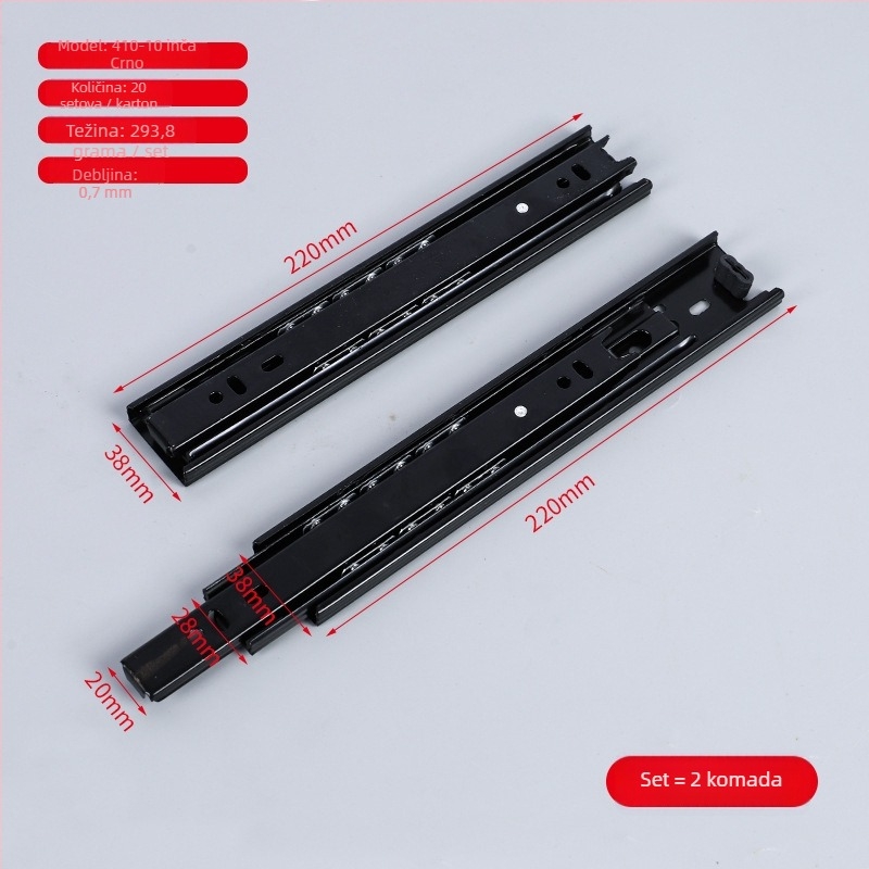 Šina za ladicu od čelika hladnog valjanja s amortizerom i kugličnim ležajem, trodijelna konstrukcija