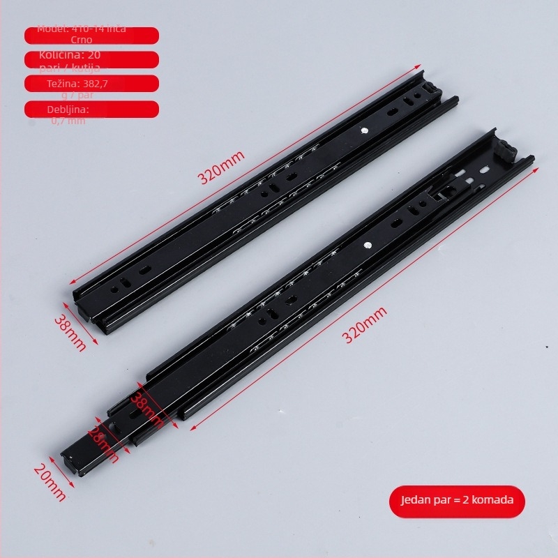 Šina za ladicu od čelika hladnog valjanja s amortizerom i kugličnim ležajem, trodijelna konstrukcija