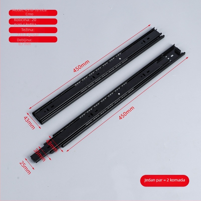 Šina za ladicu od čelika hladnog valjanja s amortizerom i kugličnim ležajem, trodijelna konstrukcija