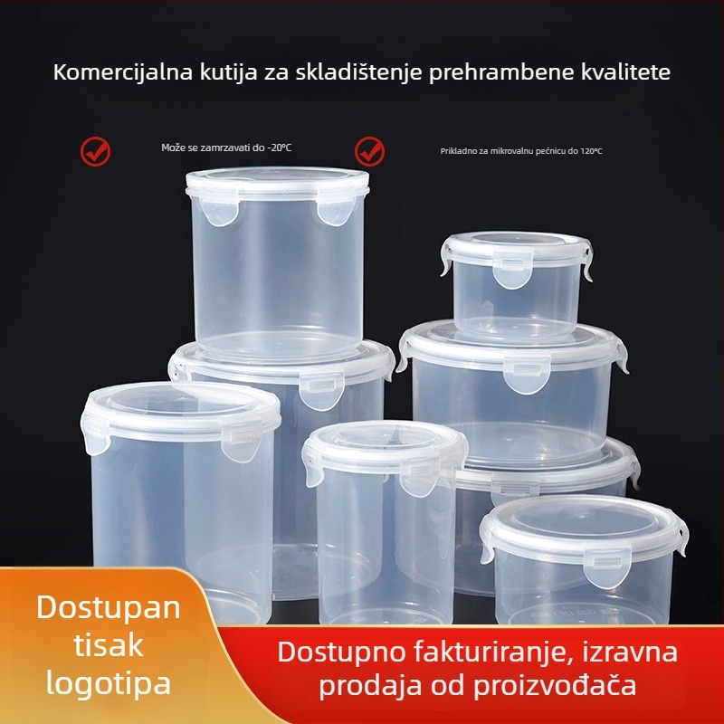 Bijela okrugla plastična posuda za hranu s čvrstim poklopcem, prehrambene kvalitete, prozirna, debeli PP, mikrovalna kompatibilna, kutija za ručak i skladištenje žitarica