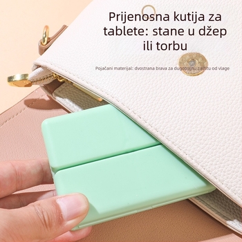 Kutija za tablete — prijenosna, sklopiva dvostruka magnetska kutija sa sedam pretinaca i neovisnim pretincima; materijal PP; kapacitet 12 tableta; dimenzije 10×7×2.5 cm; način otvaranja flip-top.