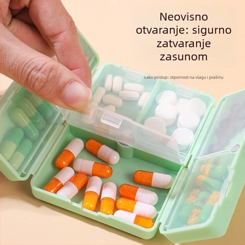 Kutija za tablete — prijenosna, sklopiva dvostruka magnetska kutija sa sedam pretinaca i neovisnim pretincima; materijal PP; kapacitet 12 tableta; dimenzije 10×7×2.5 cm; način otvaranja flip-top.