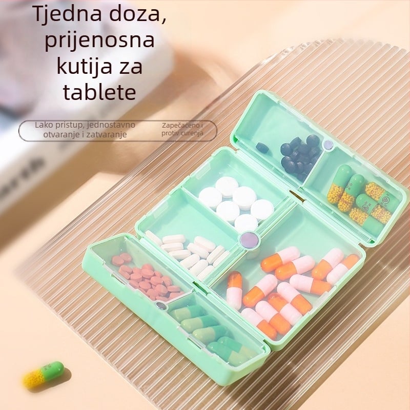 Kutija za tablete — prijenosna, sklopiva dvostruka magnetska kutija sa sedam pretinaca i neovisnim pretincima; materijal PP; kapacitet 12 tableta; dimenzije 10×7×2.5 cm; način otvaranja flip-top.