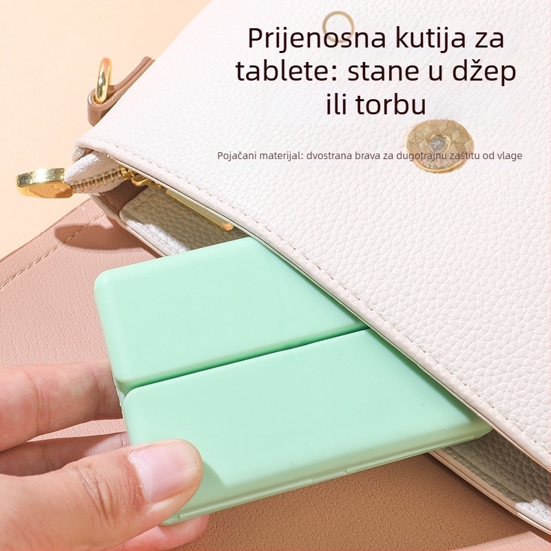 Kutija za tablete — prijenosna, sklopiva dvostruka magnetska kutija sa sedam pretinaca i neovisnim pretincima; materijal PP; kapacitet 12 tableta; dimenzije 10×7×2.5 cm; način otvaranja flip-top.