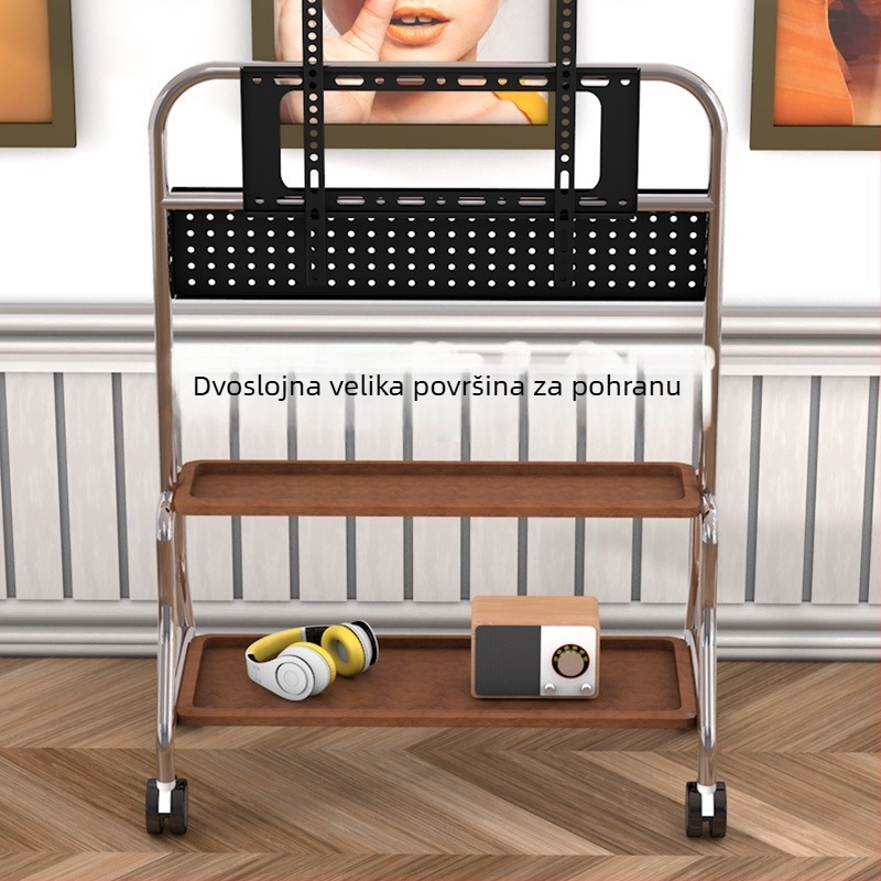 Mobilni podni stalak za televizor od nehrđajućeg čelika s kotačićima, uspravna kolica za plosne zaslone, univerzalno, baza 850×490×1230 mm, model Art cart