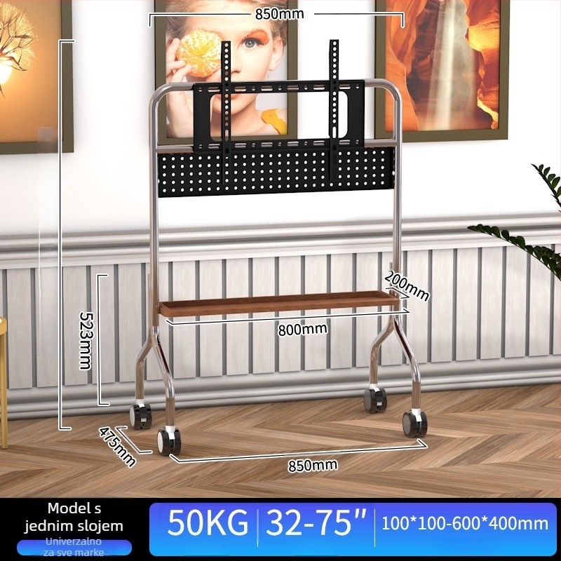 Mobilni podni stalak za televizor od nehrđajućeg čelika s kotačićima, uspravna kolica za plosne zaslone, univerzalno, baza 850×490×1230 mm, model Art cart