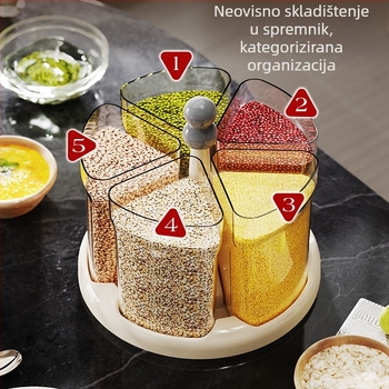 Okretna kutija za zrnje s 5 pretinaca, plast PP, otporna na vlagu, funkcija porcijanja, kapacitet 5–6 L, moderan minimalistički dizajn