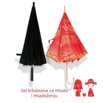 Vjenčani kišobran od čipke, dugačka drška, 8 rebara, 170T čipkasta tkanina, ručno otvaranje