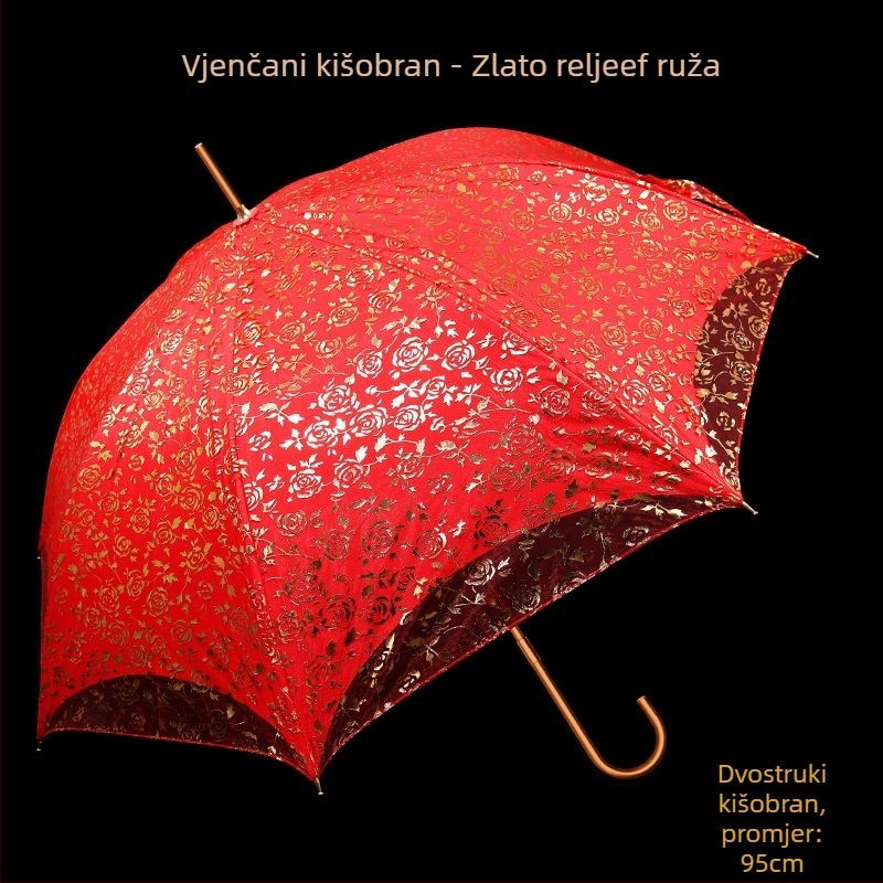 Vjenčani kišobran od čipke, dugačka drška, 8 rebara, 170T čipkasta tkanina, ručno otvaranje